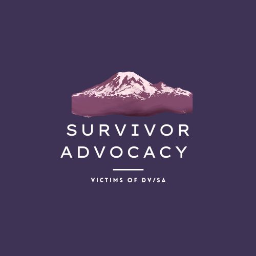 Illustration of pink and purple mountains with the text 'Survivor Advocacy'